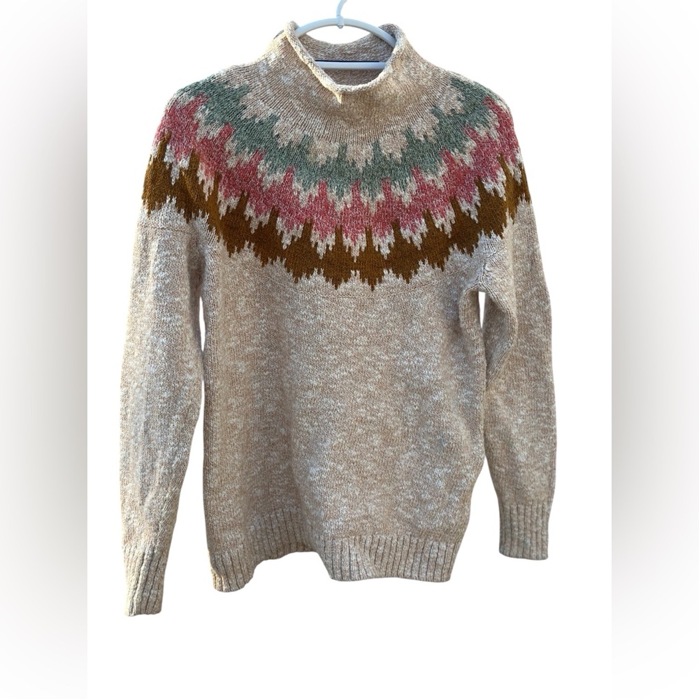 L.L. Bean Beige Nordic Yoke Sweater with Pink, Green & Brown Accents